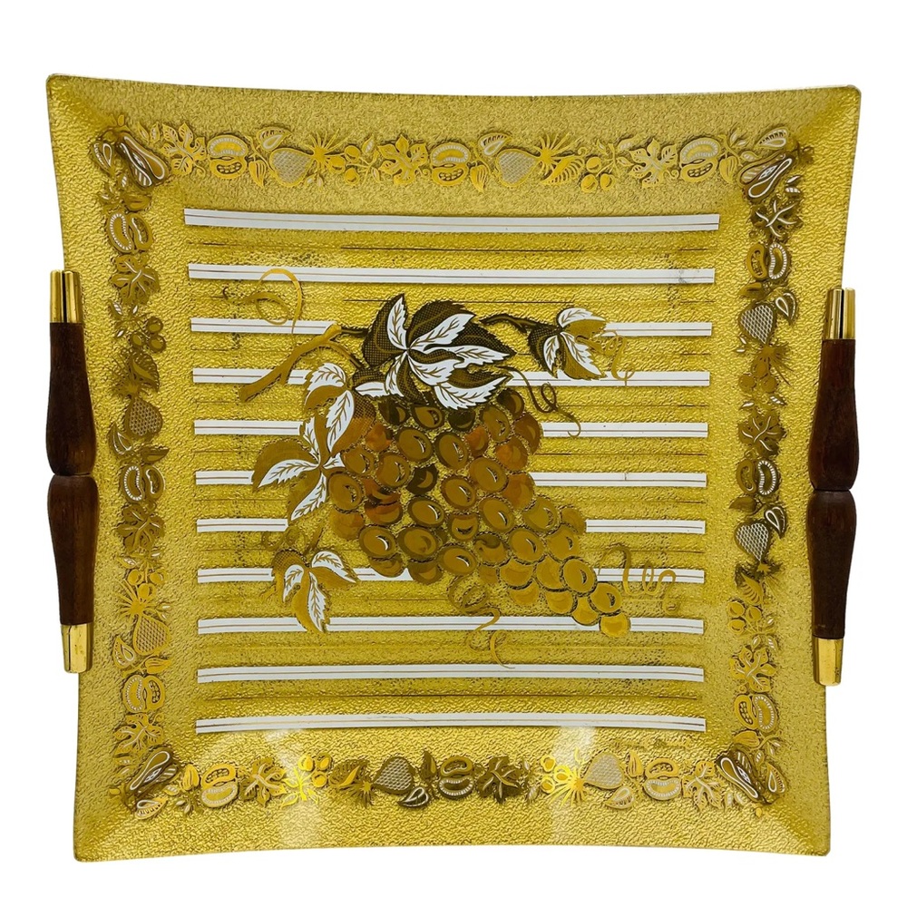 Marcel Guval Mid-Century Golden Glass Platter Tray With Wood Handles